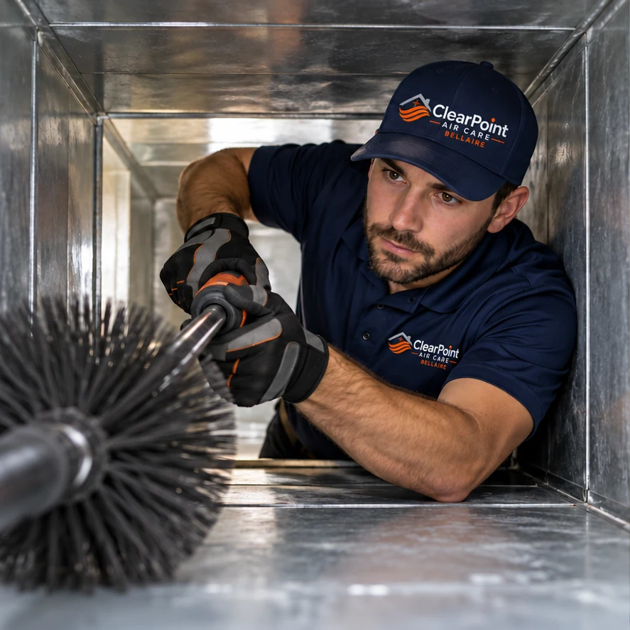 ClearPoint worker using a brush in a metal air duct