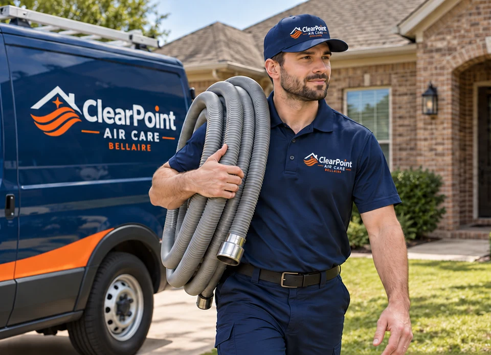 ClearPoint technician carrying equipment beside a branded vehicle